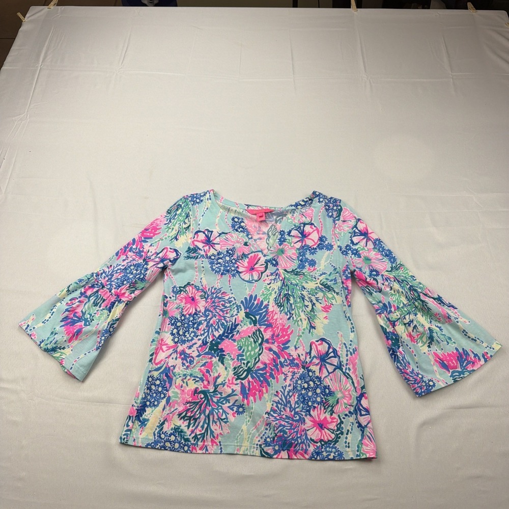 Lilly Pulitzer blue pink lightweight vneck cotton top SMALL preppy resort - Picture 1 of 8